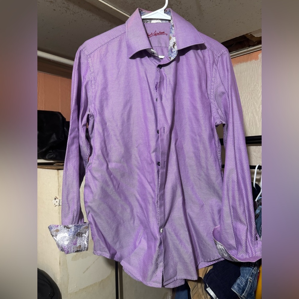 Robert Graham Shirt Mens 15.5 Purple Geometric Flip Cuff Long Sleeve Button Up